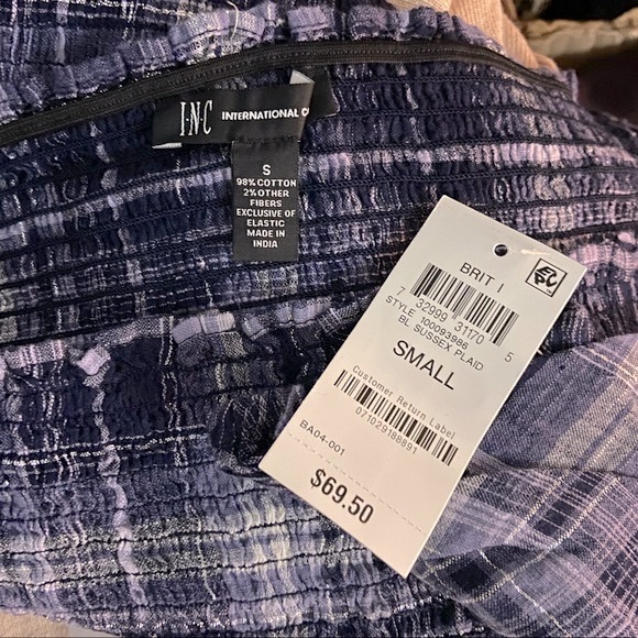 INC Blue Plaid Smock Puff Sleeve Off Shoulder Square Neck Top Blouse Convertible - Picture 3 of 5